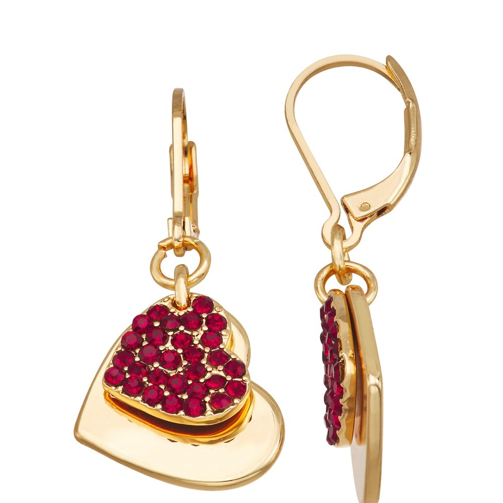 New Gold Plated Heart Earrings with Red Accents